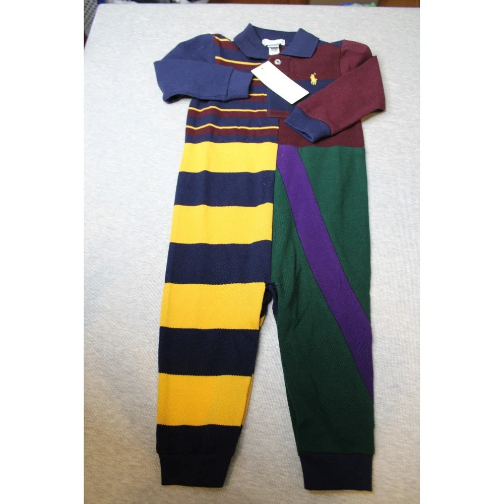 Ralph Lauren Baby Boy Colorblock Rugby Romper Multi Stripe 12M NWT